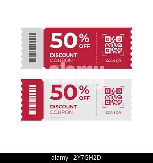 Rabattgutschein mit Code QR Code Coupon BOGO, 50 % Rabatt Coupon Gutschein Rabatt Coupon Stock Vektor