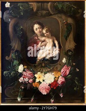 Vierge à l'Enfant dans une couronne de fleurs, 17. Jahrhundert, Daniel Seghers, (Anvers, 1590 - Anvers, 1661), Cornelis Schut (Anvers, 1597 - Anvers, 1655), Petit Palais, Museum für schöne Kunst der Stadt Paris, Musée des Beaux-Arts de la Ville de Paris, Frankreich. Stockfoto