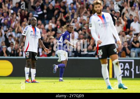 Yann Gboho aus Toulouse feierte sein Tor beim Fußballspiel der französischen Meisterschaft Ligue 1 zwischen Toulouse FC und Olympique Lyonnais (Lyon) am 29. September 2024 im Stadion in Toulouse, Frankreich Stockfoto