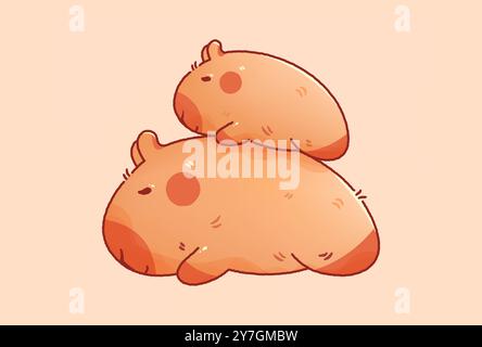 Kawaii süße Mutter Capybara mit ihrem Baby, das auf dem Rücken schläft. Stock Vektor