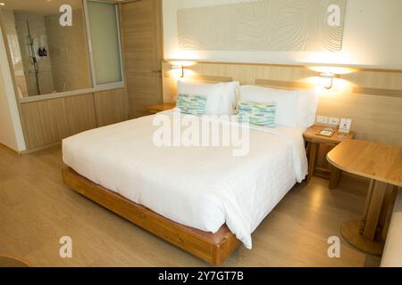 Das elegante Hotelzimmer verfügt über Holzakzente und eine transparente Trennwand im Bad für ein modernes Ambiente. Stockfoto