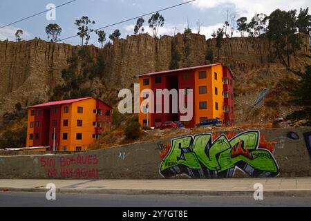 La Paz, BOLIVIEN; 26. September 2024: „Ohne Wälder gibt es kein Wasser“ rosa Graffiti auf einer Betonmauer im Achumani-Viertel in der Zona Sur von La Paz. Mehrere hundert Waldbrände brennen derzeit in Boliviens tropischem Tiefland; am 23. September 2024 hatte Global Forest Watch 39.387 VIIRS-Feueralarme in Bolivien registriert, die höchste aller Zeiten. Stockfoto