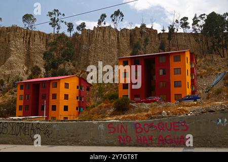 La Paz, BOLIVIEN; 26. September 2024: „Ohne Wälder gibt es kein Wasser“ rosa Graffiti auf einer Betonmauer im Achumani-Viertel in der Zona Sur von La Paz. Mehrere hundert Waldbrände brennen derzeit in Boliviens tropischem Tiefland; am 23. September 2024 hatte Global Forest Watch 39.387 VIIRS-Feueralarme in Bolivien registriert, die höchste aller Zeiten. Stockfoto