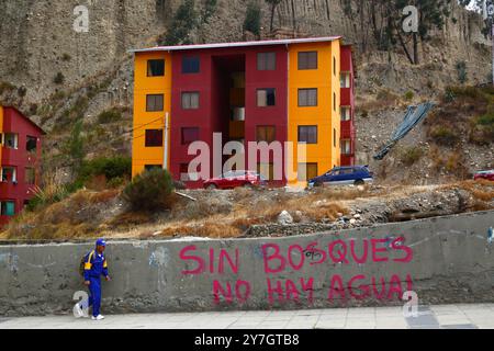 La Paz, BOLIVIEN; 26. September 2024: Ein Mann mit blauem Trainingsanzug/Sportkleidung geht an rosa Graffiti vorbei und sagt: „Ohne Wälder gibt es kein Wasser“ auf einer Betonmauer im Achumani-Viertel in der Zona Sur von La Paz. Mehrere hundert Waldbrände brennen derzeit in Boliviens tropischem Tiefland; am 23. September 2024 hatte Global Forest Watch 39.387 VIIRS-Feueralarme in Bolivien registriert, die höchste aller Zeiten. Stockfoto