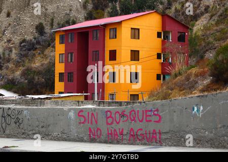 La Paz, BOLIVIEN; 26. September 2024: „Ohne Wälder gibt es kein Wasser“ rosa Graffiti auf einer Betonmauer im Achumani-Viertel in der Zona Sur von La Paz. Mehrere hundert Waldbrände brennen derzeit in Boliviens tropischem Tiefland; am 23. September 2024 hatte Global Forest Watch 39.387 VIIRS-Feueralarme in Bolivien registriert, die höchste aller Zeiten. Stockfoto