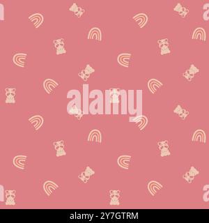 Netter Teddybär und Regenbogen nahtloser Vektormuster Hintergrund. Kleine verstreute sitzende Bärenjunge rosa Kulisse. Handgezeichnete Zeichentricktiere und Stock Vektor