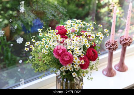 Wunderschöne Ranunkelblumen und Kamillen in Vase auf Fensterbank drinnen Stockfoto