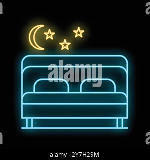 Leuchtendes Neon-Doppelbett mit Mond und Sternen für eine Hotelwerbung Stock Vektor