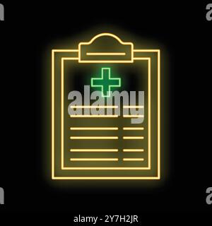 Helles Neonsymbol für medizinische Berichte, das auf schwarzem Hintergrund leuchtet, perfekt für Gesundheits- und medizinische Themen Stock Vektor