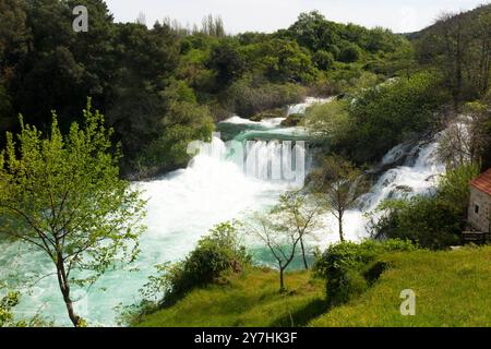 Der Kirka River fließt schnell und wütend über Felsen und schafft in der Nähe von Wasserfällen/Wasserfällen/Wasserfällen Stromschnellen. Krka-Nationalpark. Kroatien. (138) Stockfoto