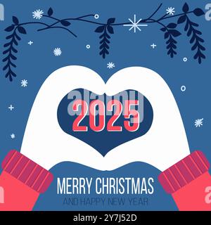 Silvester Illustration mit gefalteten Händen und Schneeflocken. Weihnachtskarte mit Text auf blauem Hintergrund. Neujahr 2025 Stock Vektor
