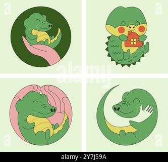 Niedliche Alligatoren – ein Satz Logos. Minimalistische Abbildungen von Krokodilen umgeben von Pflege und haben ein eigenes Zuhause. Stock Vektor