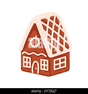 Lebkuchenhauskeks mit Glasdach im Cartoon-Stil. Weihnachtsgebäck als Grußkarte. Neujahrssüß isoliert auf einem Weißen Stock Vektor