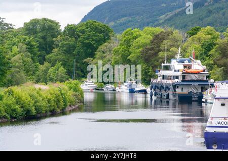 Boote, die am Ufer des Caledonian Canal in der Nähe von Dochgarroch, Schottland, ankern Stockfoto