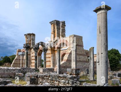 Die Ruinen der byzantinischen Basilika B, 5. jh. n. Chr., in der antiken Stadt Philippi bei Kavala in Ostmakedonien, Nordgriechenland. Stockfoto