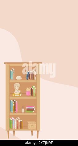 Vertikale Regalvorlage für Instagram Stories. Gemütliche Vektorillustration mit Büchern und Dekor Stock Vektor