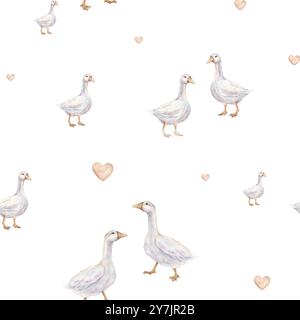 Nahtloses Aquarellmuster mit Gänsezuchtvogel und Herzen. Ausschreibungsbild auf einem isolierten Hintergrund. Hintergrundbilder mit Hand gezeichnet wiederholen Stockfoto