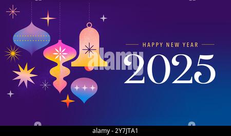 Happy New Year 2025, Neujahrshintergrund, Banner, Posterdesign. Moderne lebendige Illustration, Konzeptdesign mit Weihnachtsdekoration Stock Vektor