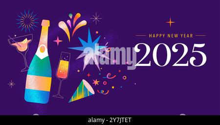 Happy New Year 2025, Neujahrshintergrund, Banner, Posterdesign. Moderne lebendige Illustration, Konzeptdesign mit Weihnachtsdekoration, Konfetti Stock Vektor