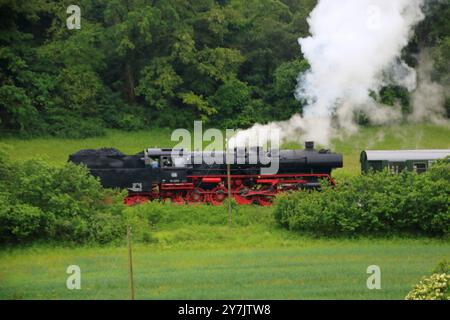 Die Dampflokomotive fährt durch das Heckengäu in Richtung Weissach Stockfoto