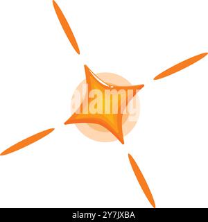 Heller Cartoon vier spitzer Stern mit orangefarbenen Lichtstrahlen, isoliert über weißem Hintergrund Stock Vektor
