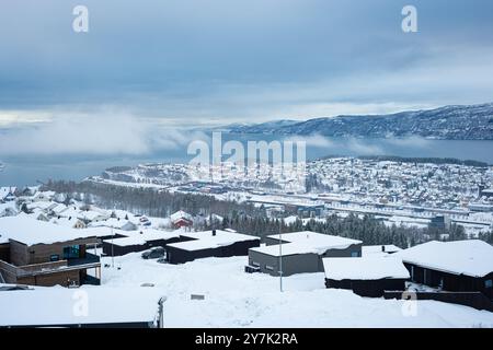 Malerischer Winterblick auf die Stadt Narvik, Norwegen, mit den umliegenden Bergen und dem Fjord aus der Höhe von Narvikfjellet. Stockfoto