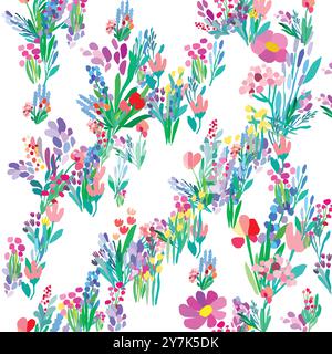 Nahtloses Muster aus bunten Blumen und Blättern auf weißem Hintergrund. Textildruck mit Blumenmuster. Vektor-Wildblumen Stock Vektor