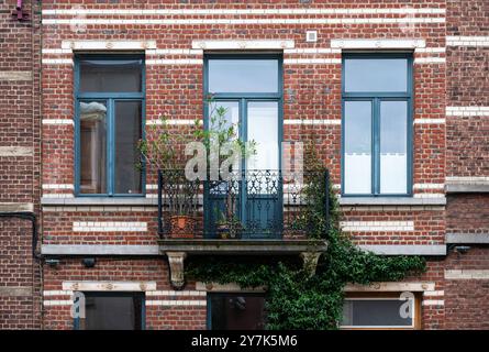 Dekorierte Fassaden von gehobenen Wohnhäusern in einer Reihe, Uccle, Brüssel, Belgien, 22. September, 2024 Stockfoto