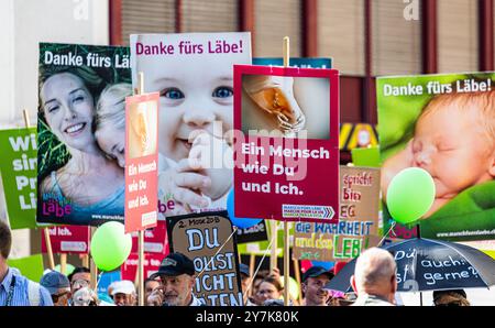 Dutzende Schilder mit unterschiedlichen Botschaften werden von den Demonstrationsteilnehmenden des Marsch für s'Lebä mitgeführt. (Zürich, Schweiz, 16. Stockfoto