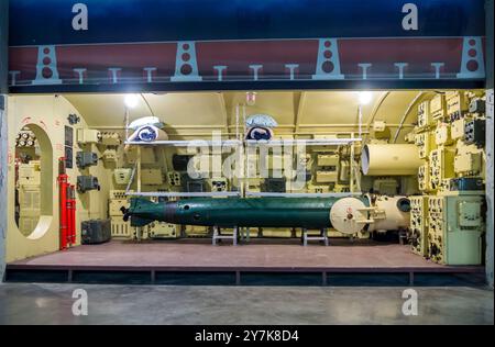 Balaklava, Krim - 10. September 2023: Modell eines Torpedoabteils eines U-Bootes, militärisch-historisches Museum der Befestigungen, Balaklava, Krim Stockfoto