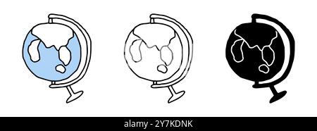 Set von Globus-Symbolen mit farbiger Illustration, schwarzer Silhouette und schwarzer Umrandung, isoliert auf weißem Hintergrund. Geographie, Pädagogik Stock Vektor