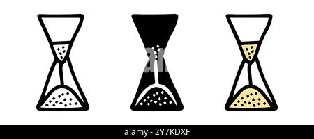 Satz von Sanduhrsymbolen mit farbiger Illustration, schwarzer Silhouette und schwarzer Umrandung, isoliert auf weißem Hintergrund. Zeitbegriff, Countdown Stock Vektor