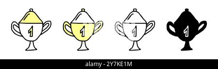 Set mit Symbolen für die Trophäen der Gewinner mit farbigen Illustrationen, schwarzer Silhouette und schwarzer Umrandung, isoliert auf weißem Hintergrund. Das Konzept des Achie Stock Vektor