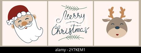 Weihnachtskarten-Set - handgezeichnete niedliche Flyer. Postkarten mit Schriften und Weihnachtselementen. Santa Claus, Bälle, Hirsch. Flache Vektorabbildungen. Stock Vektor