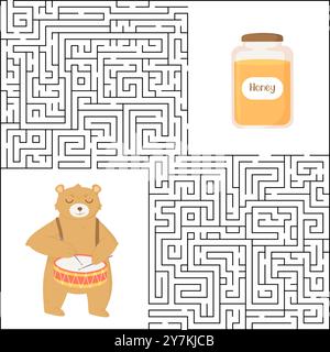 Bedruckbares Labyrinth mit einem süßen Bären und einem Honigglas. Vektor-Illustration perfekt für Kinderaktivitäten, Geburtstagsfeiern oder pädagogische Materialien im Vorschulalter Stock Vektor