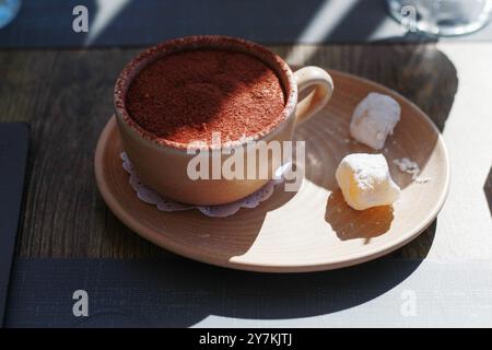 Traditionelles italienisches Tiramisu-Dessert auf Keramikplatte Stockfoto