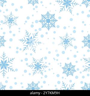 Nahtloses Muster mit blauen Schneeflocken und Punkten auf weißem Hintergrund. Das Design zeigt komplizierte Schneeflocken, die ein festliches Weihnachtsfest schaffen Stock Vektor