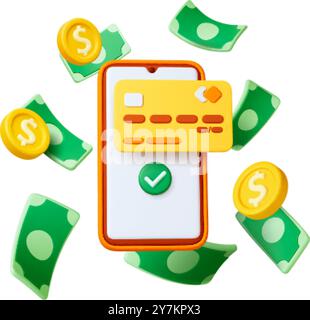 Mobiles Bezahlen genehmigtes 3D-Konzept. Smartphone-Wallet-App, Kreditkarte auf dem Bildschirm und fallendes Geld, Banknoten und Münzen. Online-Banking-Vektorszene Stock Vektor
