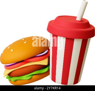 Burger Drink 3D Elemente. Fast Food Restaurant beliebte Kombination, kalte Limonade und Burger mit Fleischkäse, grüne Tomaten. Vektorrealistischer Cheeseburger Stock Vektor