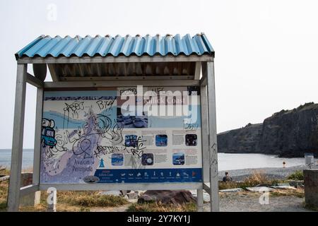 Informationsschild an der Killick Coast am Middle Cove Beach in Logical Bay-Middle Cove-Outer Cove, Neufundland & Labrador, Kanada Stockfoto