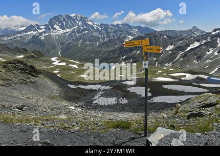 Wegweiser am Col du Bastillon Pass, Blick auf den Gipfel des Mont Velan, Walliser Alpen, Wallis, Schweiz, Europa Stockfoto