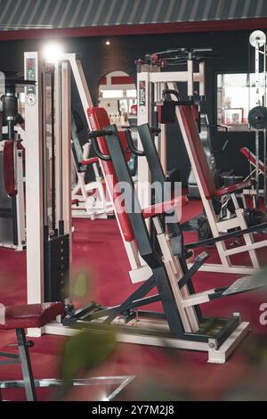 Fitnessstudio mit verschiedenen modernen Trainingsgeräten in roter und stählerner Umgebung, Historic Fitness Studio, Bulls Fit, Mannheim, Deutschland, Europa Stockfoto