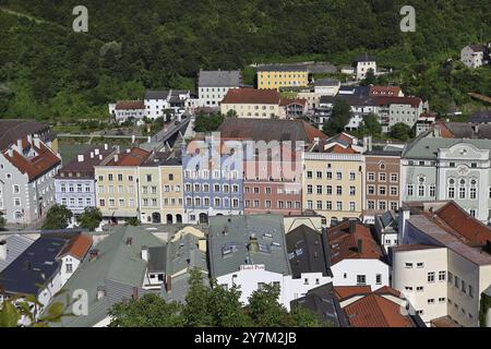 Altstadt, von der Burg aus gesehen, Burghausen, Landkreis Altoetting, Oberbayern, Deutschland, Europa Stockfoto