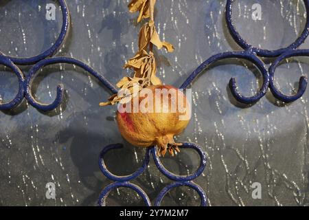 Granatapfel auf kunstvollem blauem Metallhintergrund, dekoratives Detail, Haustür, Detail, Pigadia, Stadt und Hafen, Pigadia Bay, Hauptort, Karpathos, Dode Stockfoto