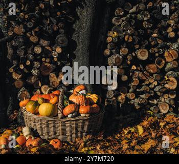 Kürbisse in einem großen Korb auf Holzhaufen Hintergrund. Eine wunderschöne Herbstkomposition mit verschiedenen Kürbisssorten in einem Korb. Stockfoto