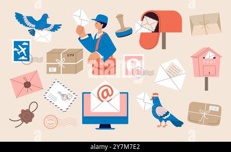 Post-Service. Online-Brieftaube mit Briefumschlag-Postarbeiter neuere Vektor-Stilsymbole der Post Stock Vektor