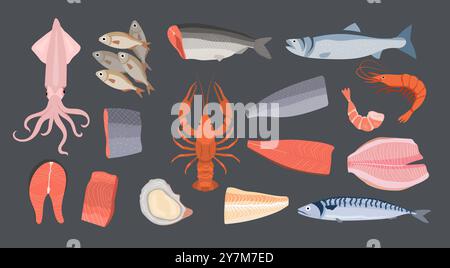 Fisch Und Meeresfrüchte. Ocean Fish Auyster und Octopus neueste exotische Restaurant-Menü Produkte von Ozean Vektor Illustrationen im Cartoon Stil Stock Vektor