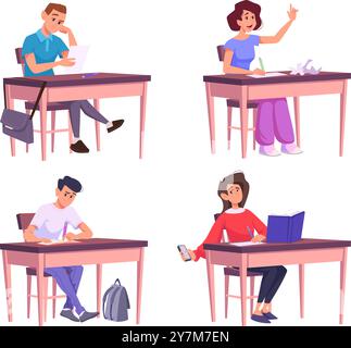 Untersuchung. Schüler oder Schüler, die auf dem Schreibtisch sitzen Schreiben Lesen Hören Examensübungen exakte Vektorpädagogik Konzept Bilder Stock Vektor