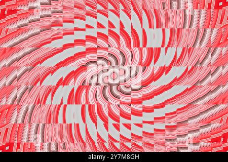 Ein lebendiges abstraktes geometrisches Muster mit roten und weißen runden Spiralen und komplexen Mosaikmustern, das ein dynamisches Gefühl von Tiefe und Bewegung schafft Stockfoto