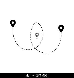 Symbol „Route“ zwischen zwei Punkten mit gepunkteter Pfadlinie und Positionsstift. Zeigerzeichnung für Position. GPS-Navigationslinie Routenmarkierung Stock Vektor